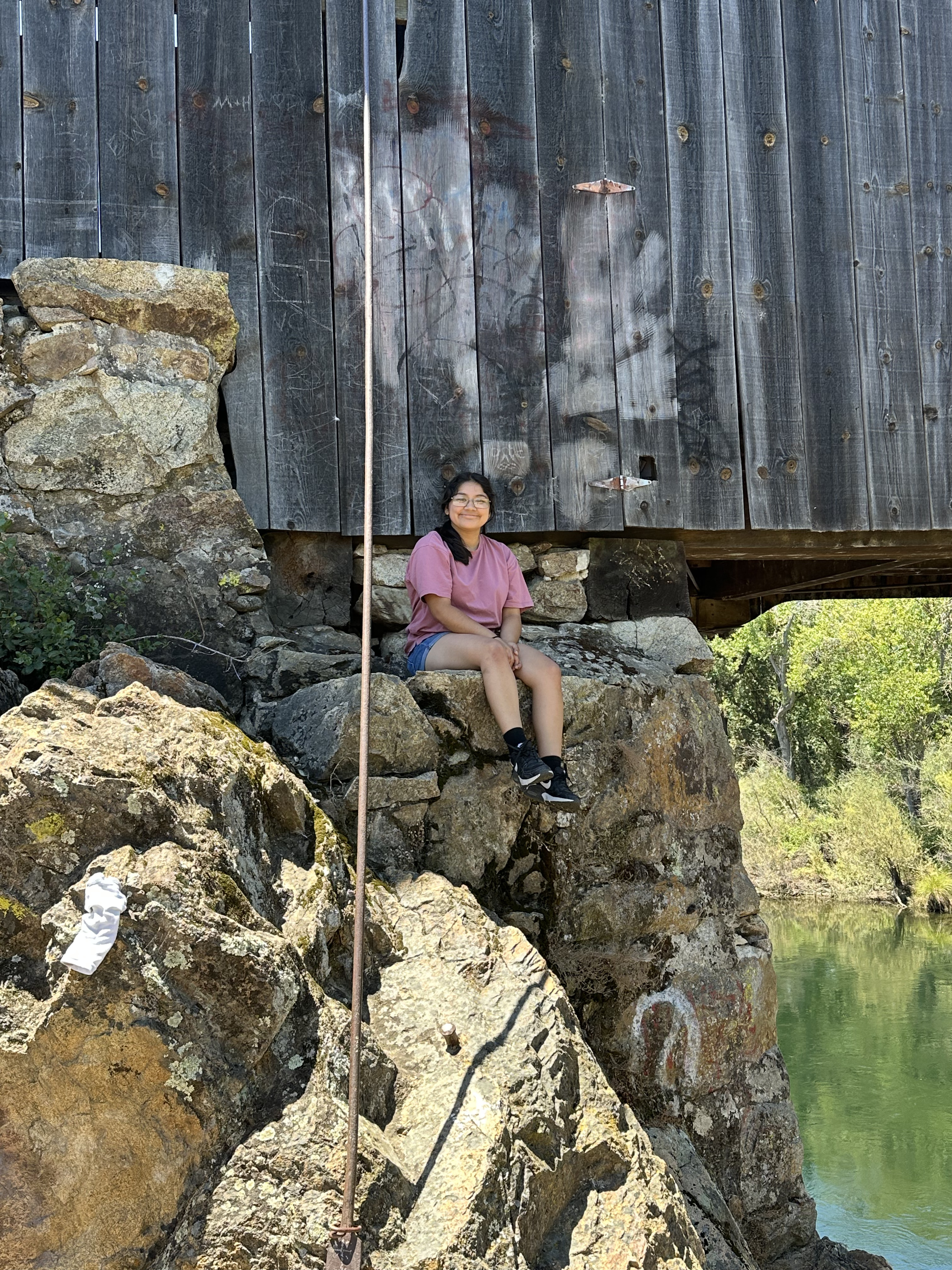 Rosaleen sitting on a bridge piling